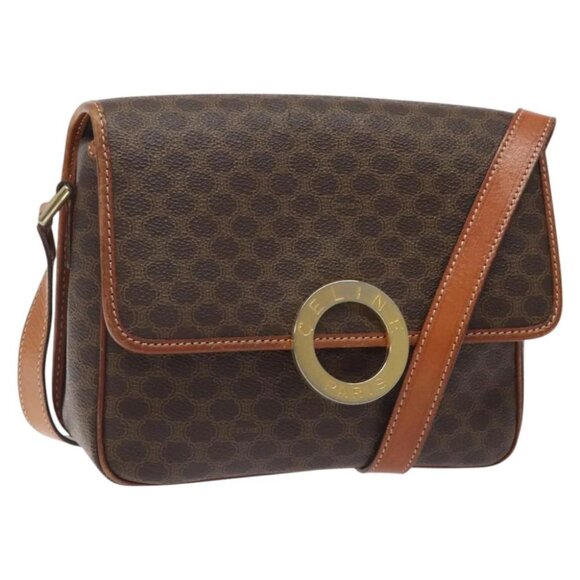 CELINE Macadam Canvas Circle Shoulder Bag PVC Leather Brown Gold Auth 123293 - Picture 1 of 15